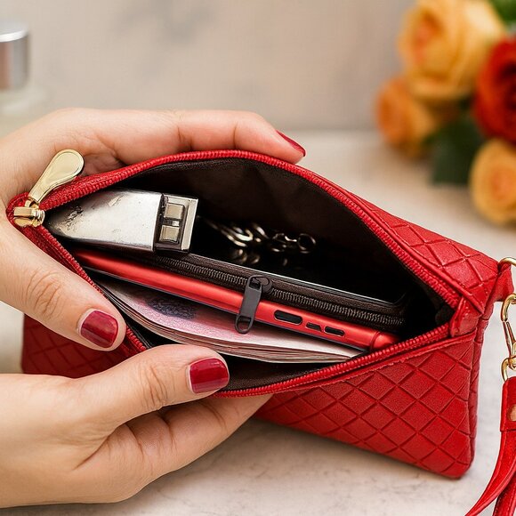 Elegant Women's Red Diamond Pattern Clutch Wristlet Wallet Vegan Leather - Picture 3 of 6